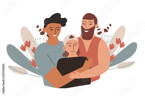 Cute cartoon homosexual couple with son, isolated vector illustration. Same sex family and adoption concept.
