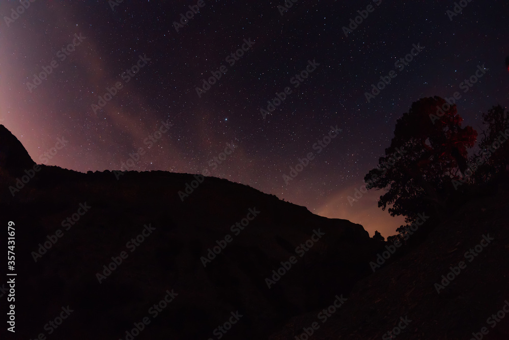 Night star sky background with mountains and tree