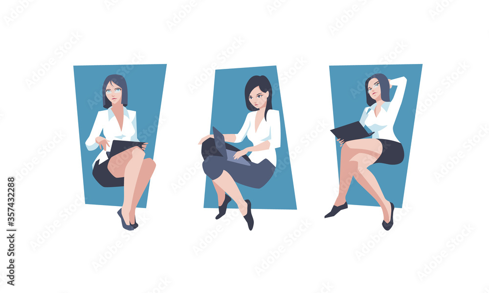 Three women in office outfits working on laptops in different angles and poses. Elegant lady in office dress code. Businesswoman, secretary or assistant poses with attractive legs. 