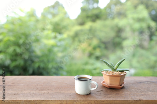 Coffee in rustic cup with aloe vera plant in brown pot on brown wooden table at outdoor