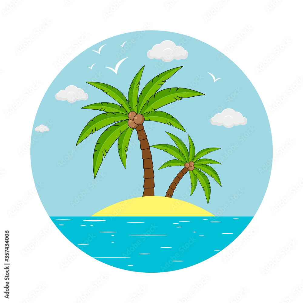 Palm trees with coconuts on island with clouds, sea and birds. Tropical landscape with palm trees. Vector.