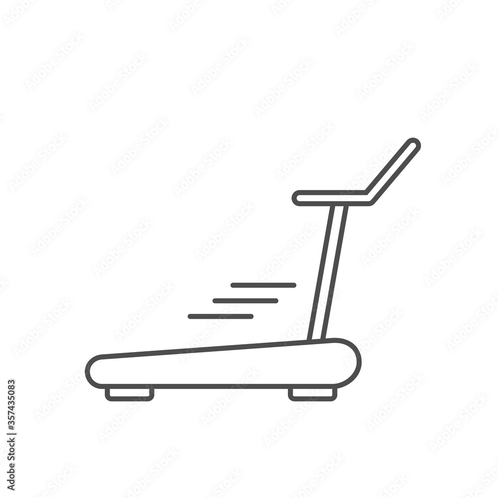 Treadmill line icon. Indoor exercise device. Gym or home workout device. Fitness and healthy lifestyle. Running or walking machine. Black outline on white background. Vector illustration, clip art. Treadmill line icon. Indoor exercise device. Gym or home workout device. Fitness and healthy lifestyle. Running or walking machine. Black outline on white background. Vector illustration, clip art.