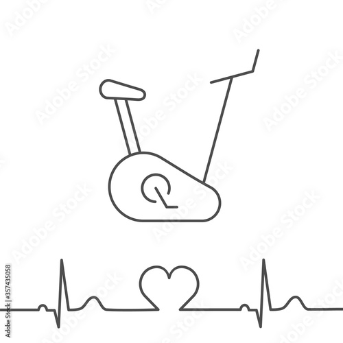 Exercise bike with heart beat line. Cardiopulmonary exercise test concept. Stationary bicycle for cardiac stress test. Ergometer. Black thin line icon on white background. Vector illustration,clip art