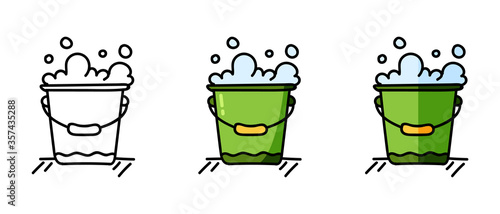 This is a set of icons with different style of foam bucket. Outline and color foam bucket symbols. Stylish web site solution.