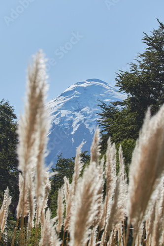 PETROHUE, CHILE - FEBRUARY 11, 2020: The waterfalls, rapids and tourists of Petrohue on a sunny day in the lake region of Chile, near of Puerto Varas. Osorno volcano. photo