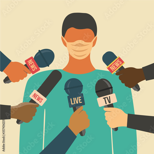 reporters hands holding mic clean. doctor or nurse male & face mask vector reports a corona virus & talks to the microphones on coronavirus. paramedic speak a covid-19 live on tv media news background
