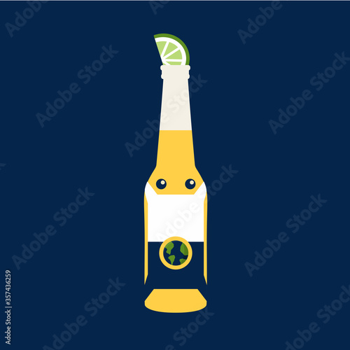 one cute earth label vector graphic in a beer bottle character with a sweet face flat design illustration & mask art. coronavirus spread over the world or globe. global corona outbreak cartoon concept