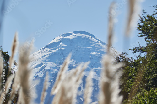 PETROHUE, CHILE - FEBRUARY 11, 2020: The waterfalls, rapids and tourists of Petrohue on a sunny day in the lake region of Chile, near of Puerto Varas. Osorno volcano.
