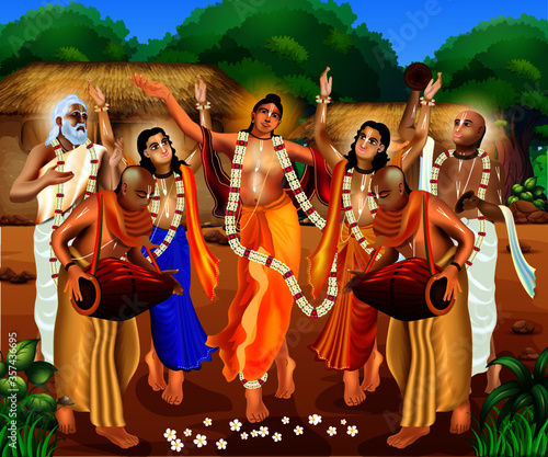 illustration of Chaitanya Mahaprabhu in devotion of Lord Jagannath, Balabhadra and Subhadra for Happy Rath yatra. He promoted the worship of God, in his tradition known by the name Krishna.