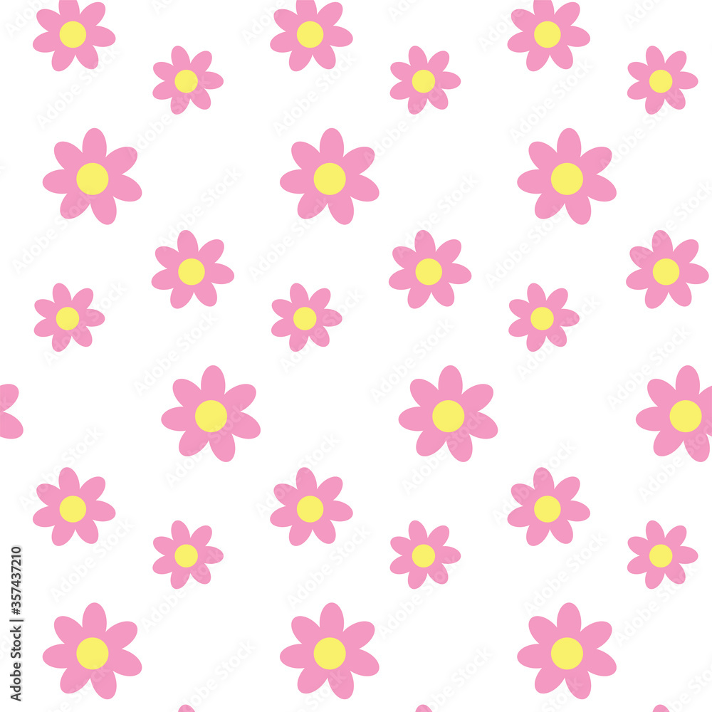 Seamless pattern with pink flowers on white board. Romantic print for textile, clothes, web, cards or gift wrap. Illustration for girls. Summer spirit. Primitive style. Jpg file