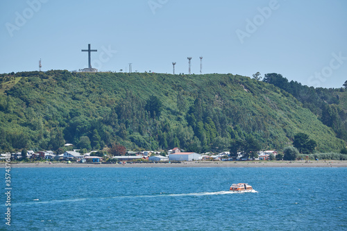 PUERTO MONTT, CHILE - FEBRUARY 10, 2020: Panoramic view of Puerto Montt, Lake District, Chile. Big cruise in the bay.