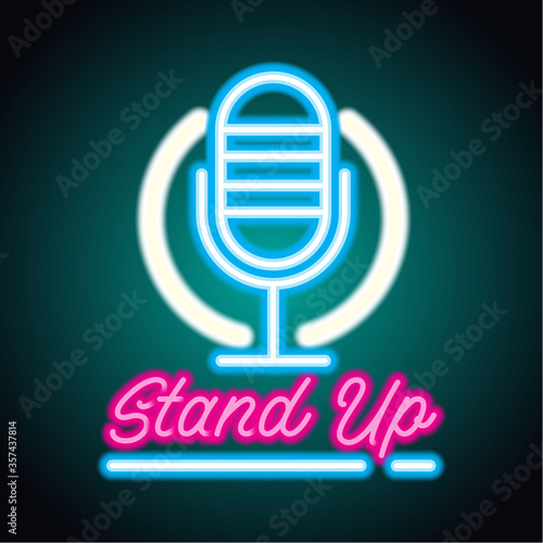 stand up neon sign for stand up comedy advertisement. vector illustration