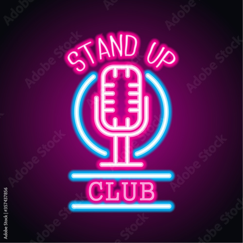 stand up neon sign for stand up comedy advertisement. vector illustration