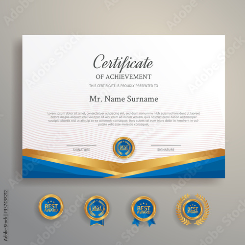 Blue and gold certificate with badge and border A4 template for award, business, and education needs