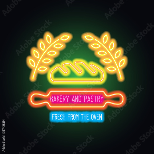 bakery and pastry neon sign for bakery and pastry advertisement. vector illustration 