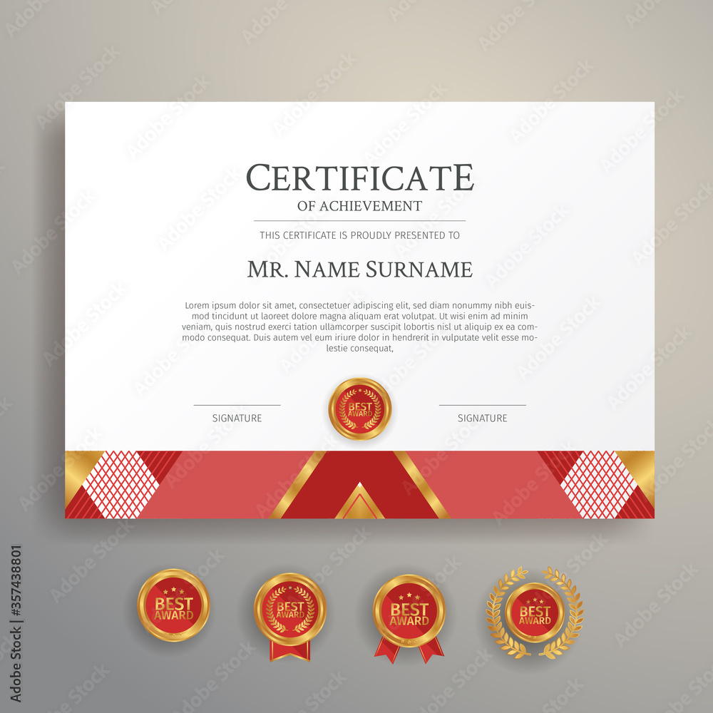 Fototapeta premium Red and gold certificate border template with badges for award, business, and education needs