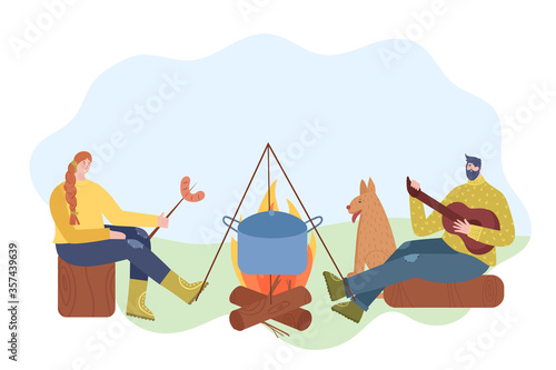 Rest at nature. A man plays the guitar. A woman prepares food at the stake. People have fun. Vector illustration.