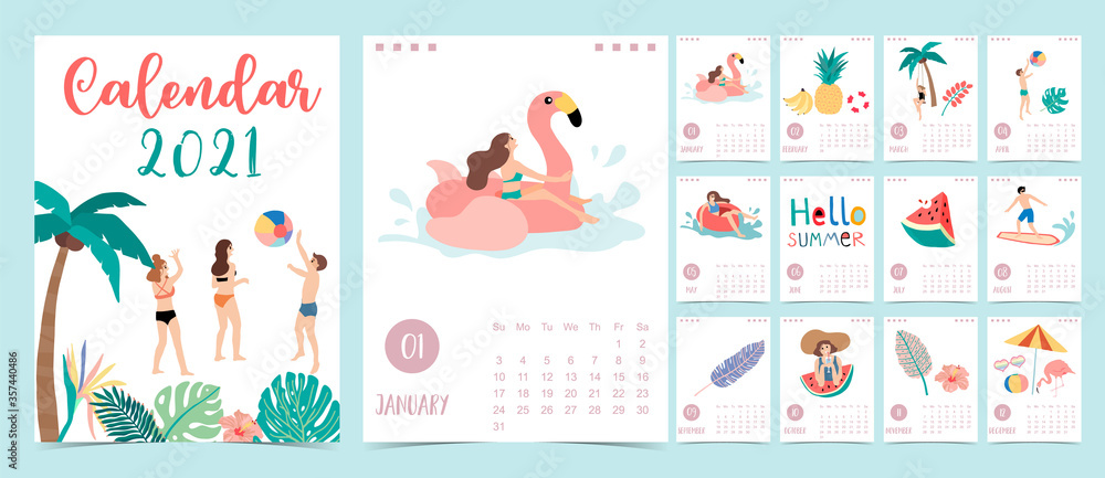 Cute summer calendar 2021 with people,beach,watermelon,coconut tree for children, kid, baby Cute summer calendar 2021 with people,beach,watermelon,coconut tree for children, kid, baby