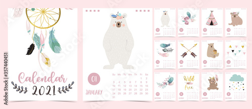 Cute boho calendar 2021 with bear, dreamcatcher, feather for children, kid, baby