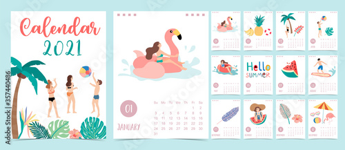 Cute summer calendar 2021 with people,beach,watermelon,coconut tree for children, kid, baby