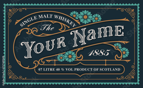 A vintage whiskey label template, isolated on dark background.