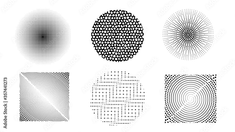 Vector set of halftone design elements. Abstract circles with dotted gradient halftone effect. Black dots on a white background