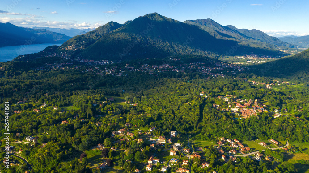 Aerial view of the mountains on the border between Italy and Switzerland during the summer season