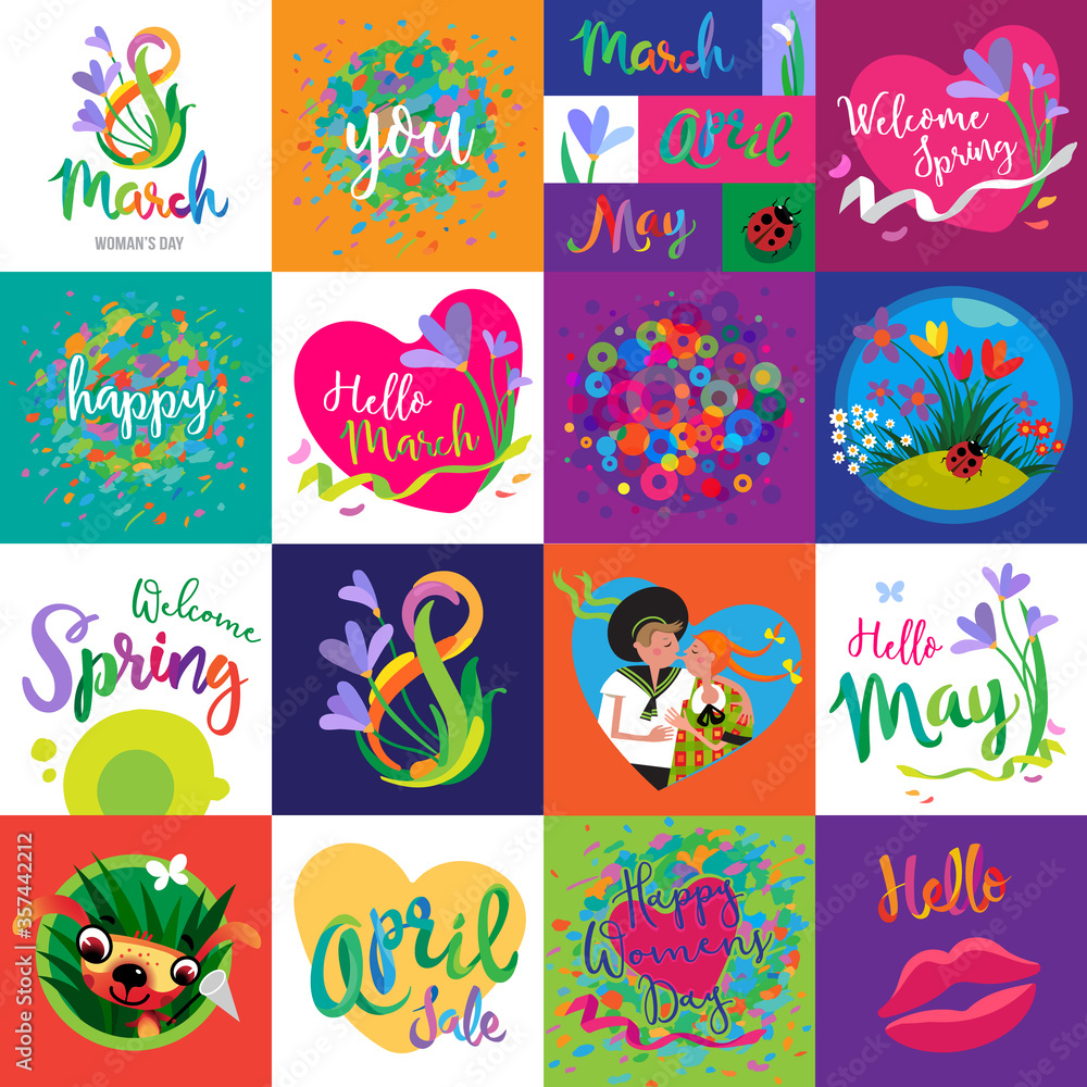 The spring set, illustrations and backgrounds for design spring.