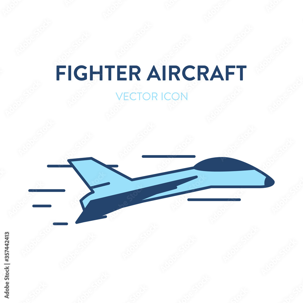 Fighter plane icon. Vector flat outline illustration of a small and fast military jet fighter flying. Represents a concept of modern aicraft, supersonic speed, reactive plane and military aviation Fighter plane icon. Vector flat outline illustration of a small and fast military jet fighter flying. Represents a concept of modern aicraft, supersonic speed, reactive plane and military aviation