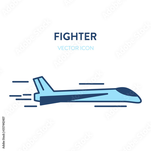 Fighter jet icon. Vector flat outline illustration of a small and fast military jet fighter flying. Represents a concept of modern aicraft, supersonic speed, reactive plane and military aviation