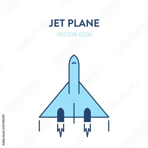 Jet plane icon. Vector flat outline illustration of a small and fast military jet fighter flying. Represents a concept of modern aicraft, supersonic speed, reactive plane and military aviation