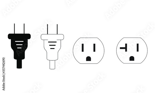 Electrical 2 prong plugs next to a NEMA 5-15 grounded power, and AFCI Outlet Arc Fault Receptacle / ac socket line art vector icon for apps and websites