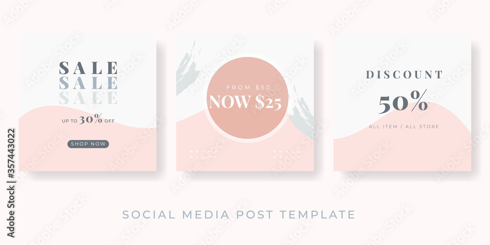 Set of square social media post templates in pastel pink, white and grey. Fashion and lifestyle blog templates, web banners, brochure designs. Background with copy space for text and images.