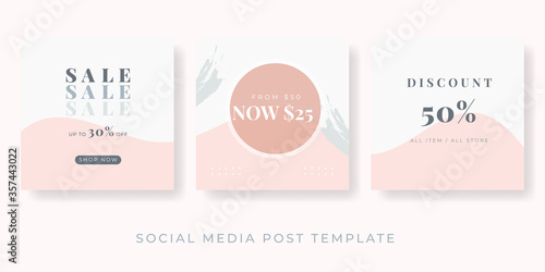 Set of square social media post templates in pastel pink, white and grey. Fashion and lifestyle blog templates, web banners, brochure designs. Background with copy space for text and images.
