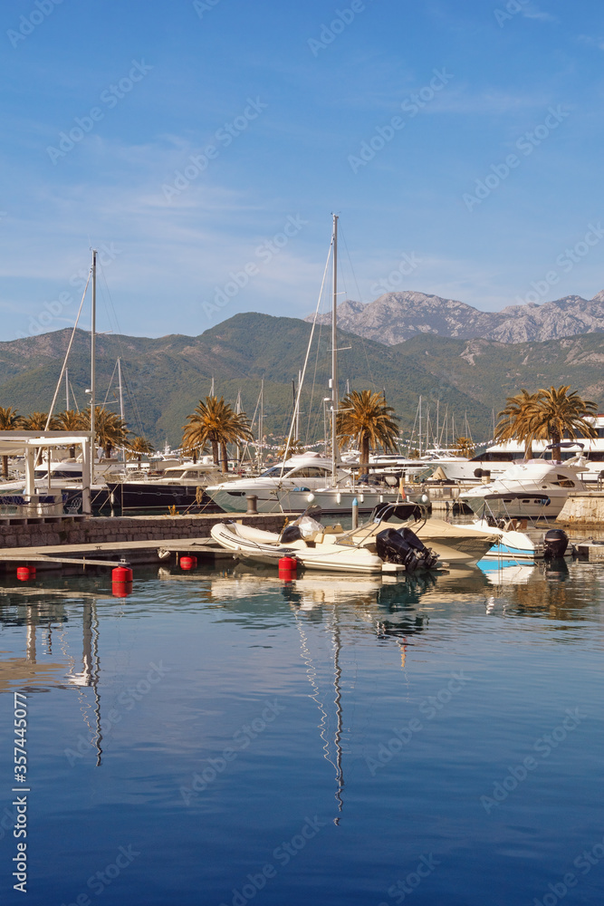 Yacht marina. View of marina of Porto Montenegro on sunny autumn day.  Montenegro, Adriatic Sea, Tivat city