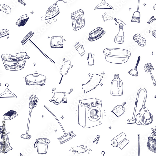 Seamless vector pattern with cleaning service doodles