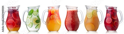 Iced beverages and cocktails in glass pitchers isolated w clipping paths