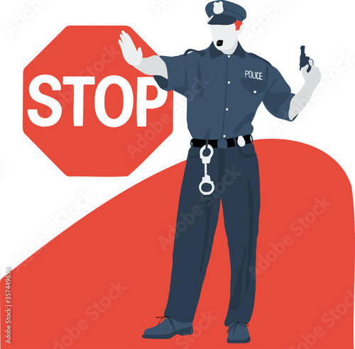 Vector drawing on a white background a police man shows a hand with the inscription stop.