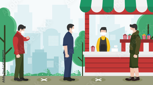 New normal concept with people keep physical distancing from each other and wearing face mask prevention from disease outbreak. Vector illustration of queue people buying food and drink at the Park