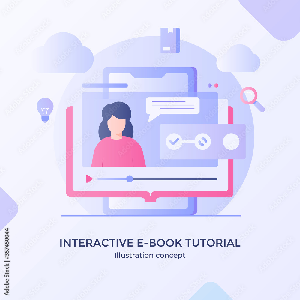 Interactive e-book tutorial technology digital video training with modern flat cartoon style