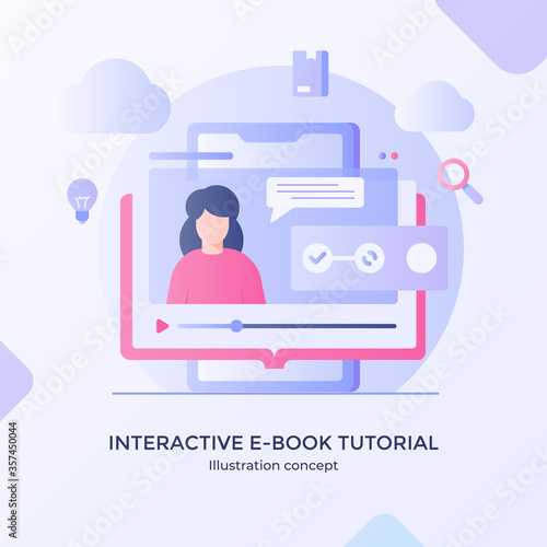 Interactive e-book tutorial technology digital video training with modern flat cartoon style