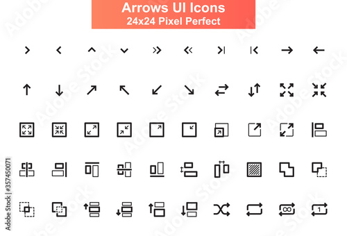 Arrows UI icons set. Increase, decrease, resize, expand line pictograms for website and mobile app GUI. Alignment and scaling simple UI, UX elements. 24x24 grid pixel perfect vector lined icon pack