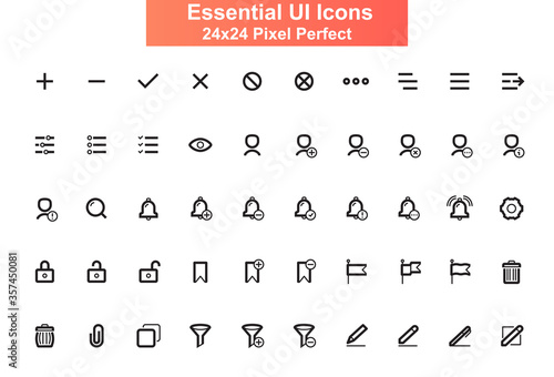 Essential UI icons set. Contacts and messaging simple UI, UX elements. Search, alert, settings, schedule line pictograms for website and mobile app GUI. 24x24 grid pixel perfect vector lined icon pack