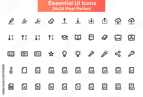 Essential UI icons set. Editing and storage information line pictograms for website and mobile app GUI. Documents processing simple UI, UX elements. 24x24 grid pixel perfect vector lined icon pack.