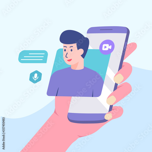 Picture man talking on smartphone screen. video call concept modern flat cartoon style