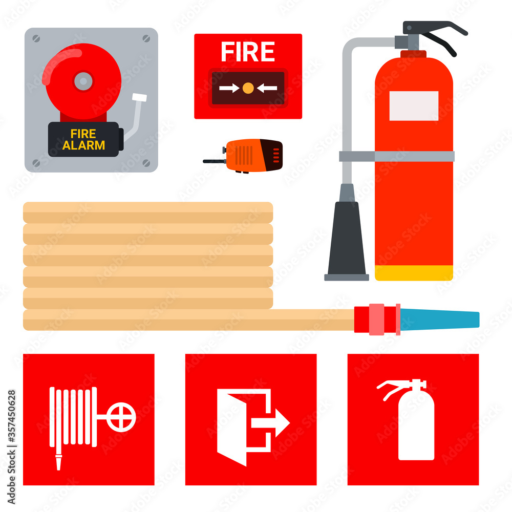 Set of equipment for fire alarm and extinguishing and signs of their location vector illustration Set of equipment for fire alarm and extinguishing and signs of their location vector illustration