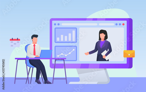 Businesses watch staff presentation video through web conference on computer. virtual office concept modern flat cartoon style.