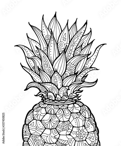 Pineapple, ananas isolated. Exotic fruit with floral pattern. Vector. Coloring book page for adult. Hand drawn artwork. Black and white