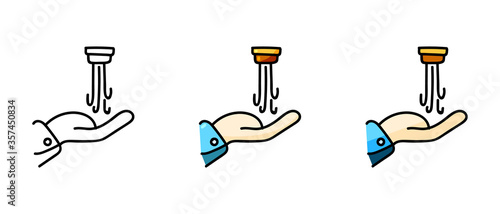 This is a set of icons with different style of hand under the jets of water. Contour and color  symbols of the hand under the jets of water. Stylish web site solution.