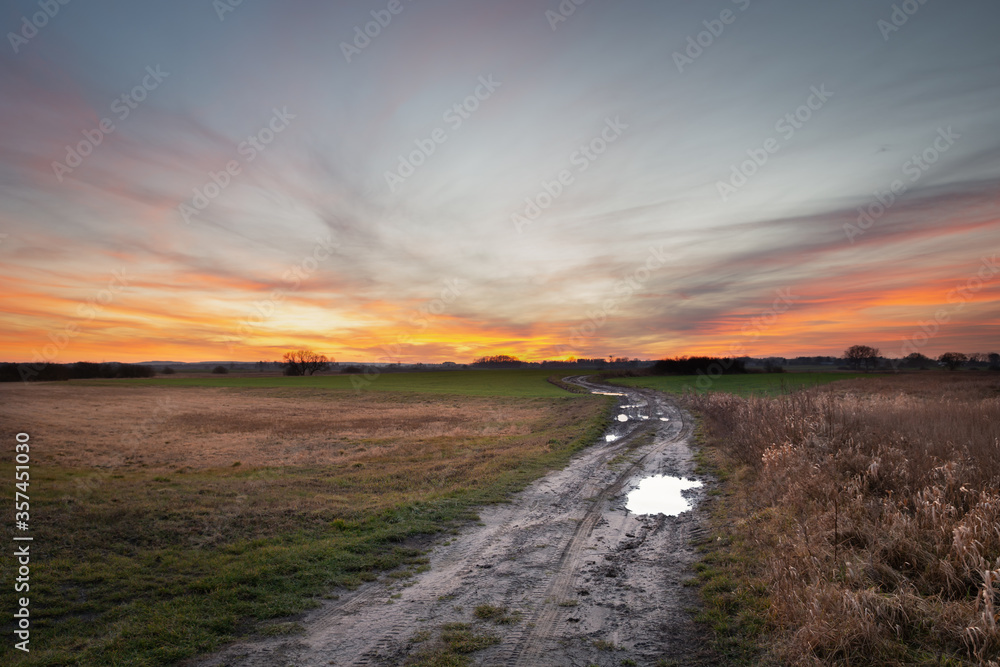 Ground road through wild meadows, horizon and colorful clouds after sunset